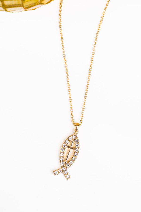 Crystal Avenue Goldtone Crystal Jesus Fish Cross Necklace Online - Image 2