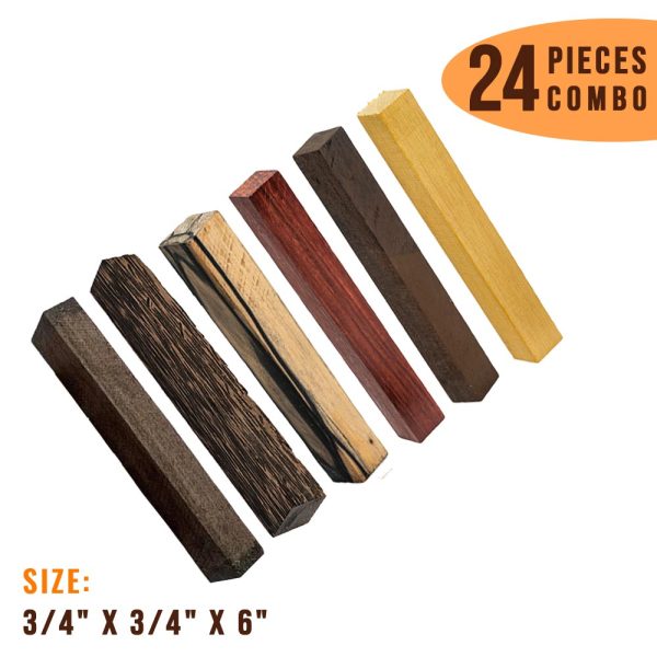Combo Pack of 24 Pen Blanks - 3 4  x 3 4  x 6” (Indian Rosewood , Black Palm , Black and White Ebony , Granadillo , Ziricote , Osage Orange) For Sale
